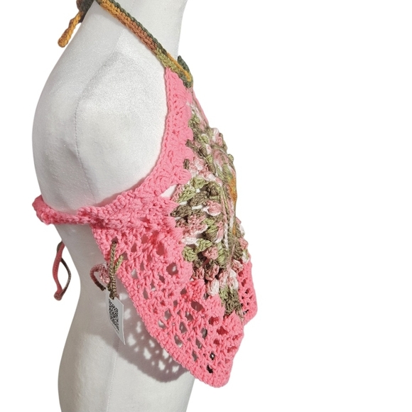 Handmade Crochet Halter Top Boho Camo Pink Green Swim Cover Up Top - Picture 5 of 17